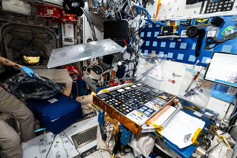 Intérieur d'un module de la station spatiale avec de nombreux câbles et équipements