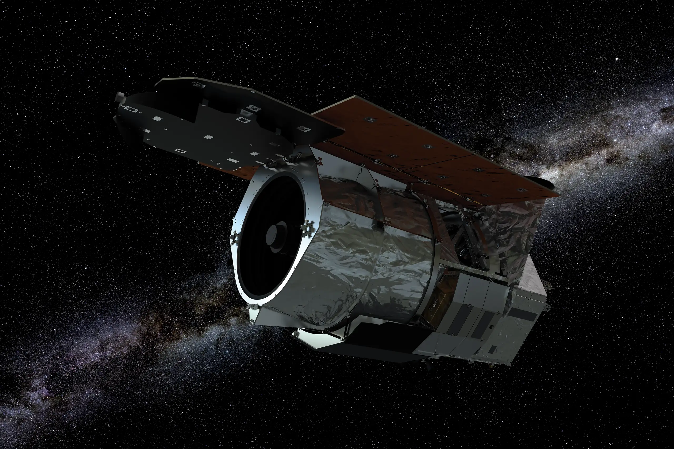 Le télescope spatial Nancy-Grace-Roman déployé dans l'espace, panneaux solaires ouverts, sur fond étoilé (vue d'artiste).